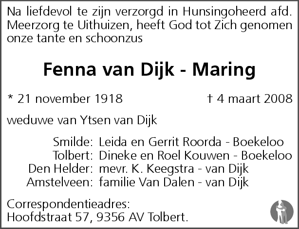 overlijdensadvertentie fenna van dijk-maring in 2008.